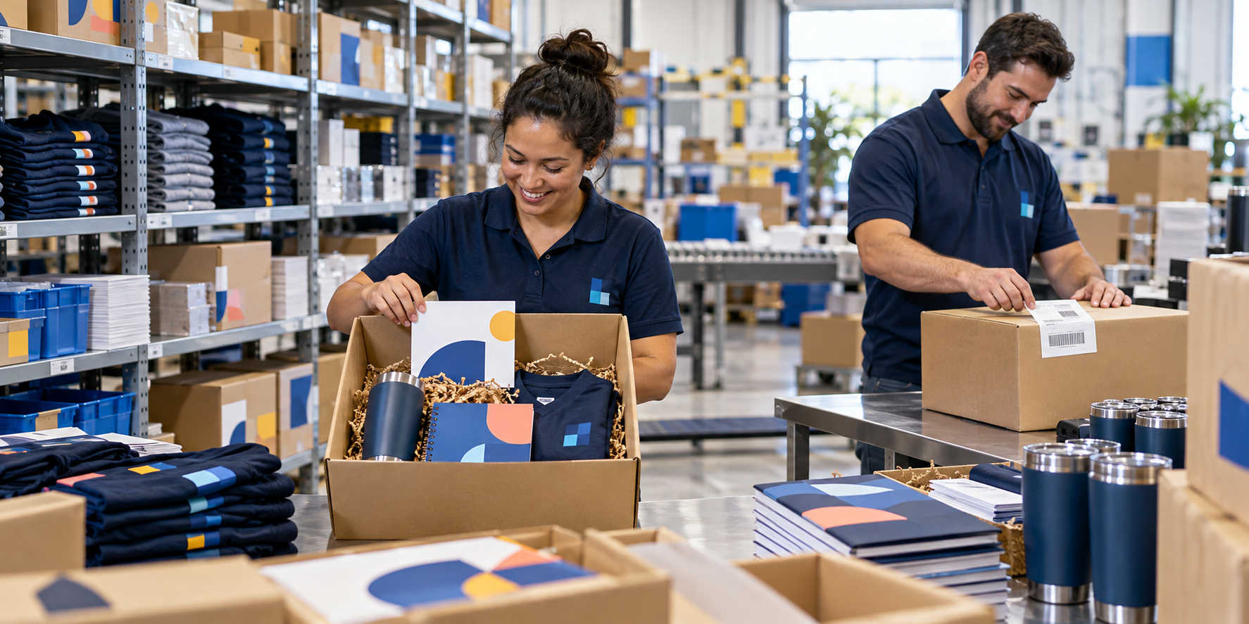 Fulfillment specialists packing branded welcome kits and preparing orders for shipment