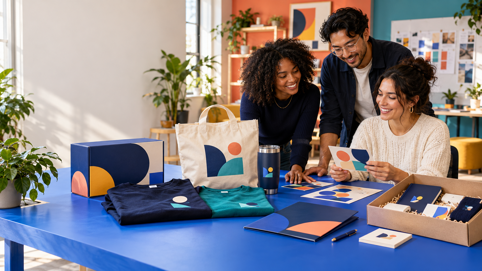 Team reviewing a coordinated collection of branded apparel, print materials, drinkware, and welcome kits
