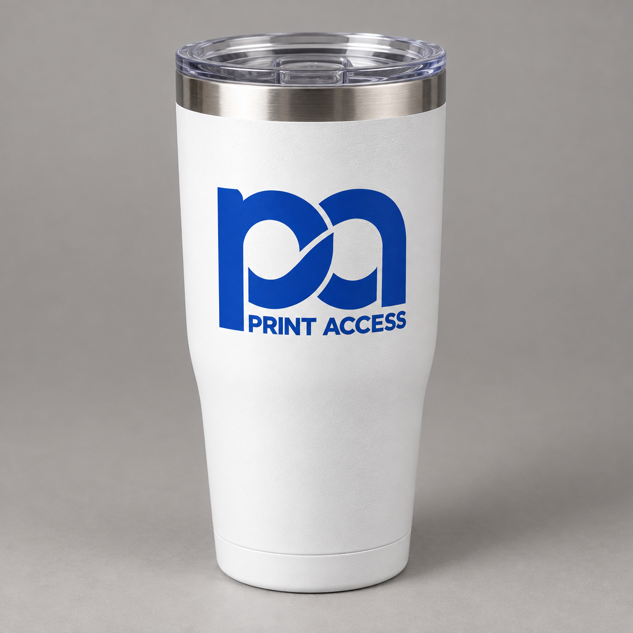 White tumbler with the selected approved PrintAccess imprint